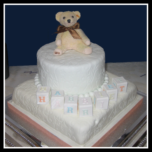 Stieff teddy bear cake with letter blocks