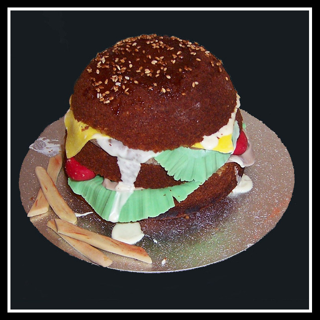 Hamburger and chips novelty cake