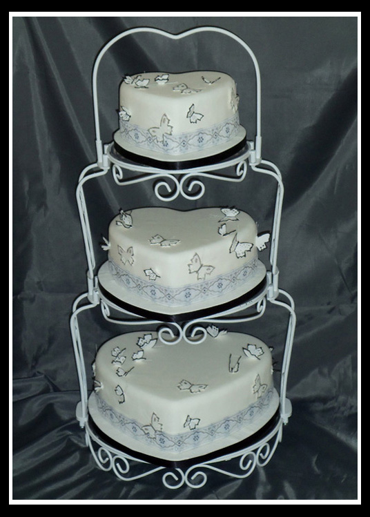 Black & white three tier Heart Shaped butterfly Cake