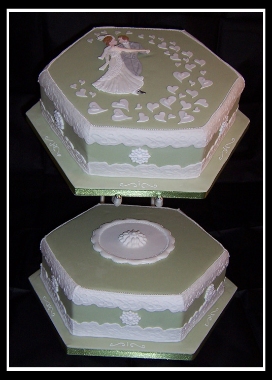 Twin hexagonal wedgewood green wedding cake